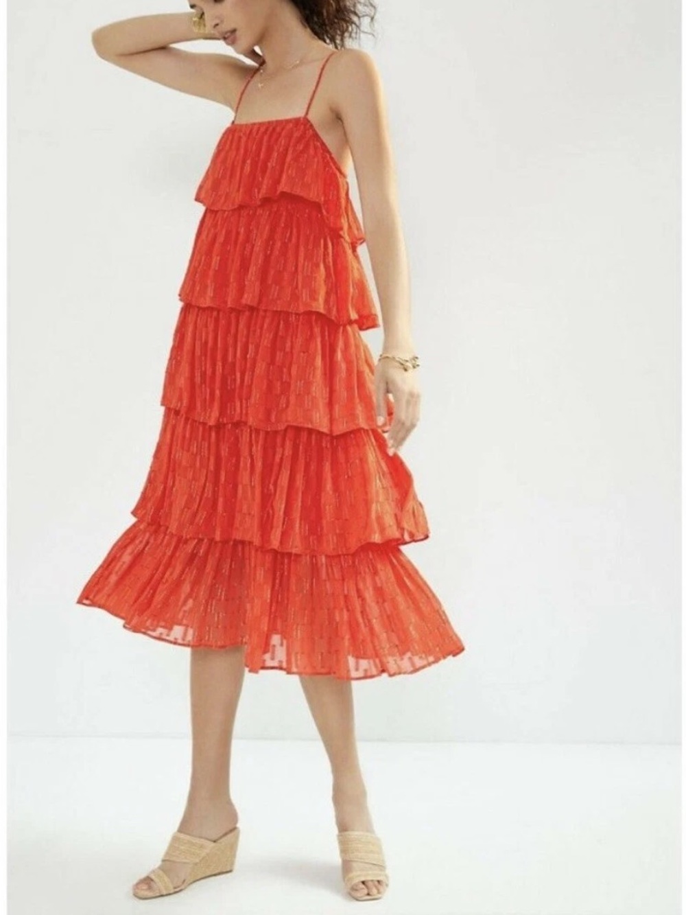 ANTHROPOLOGIE Tiered Ruffle Midi Dress Coral Metallic Gold Boho Coquette Sz SP